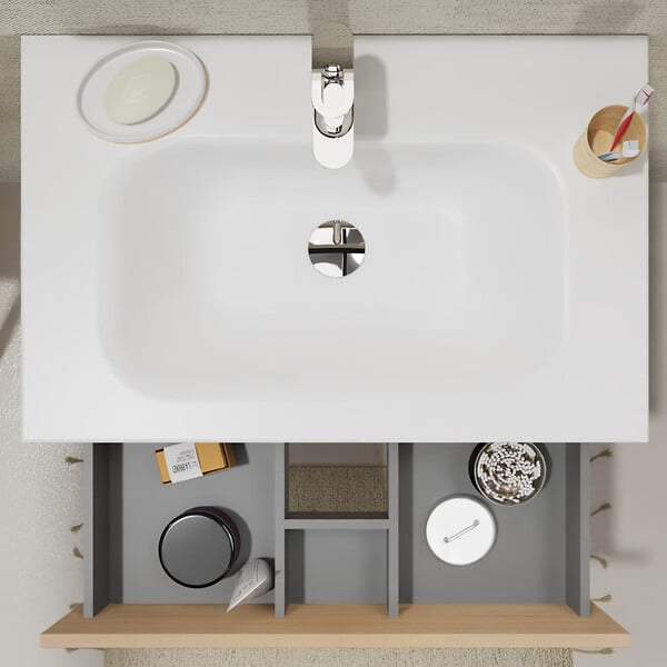 GODART - Meuble salle de bain 70 cm - Plan vasque Solid surface - Effet chêne sonoma - A suspendre - Karaib 2 - large