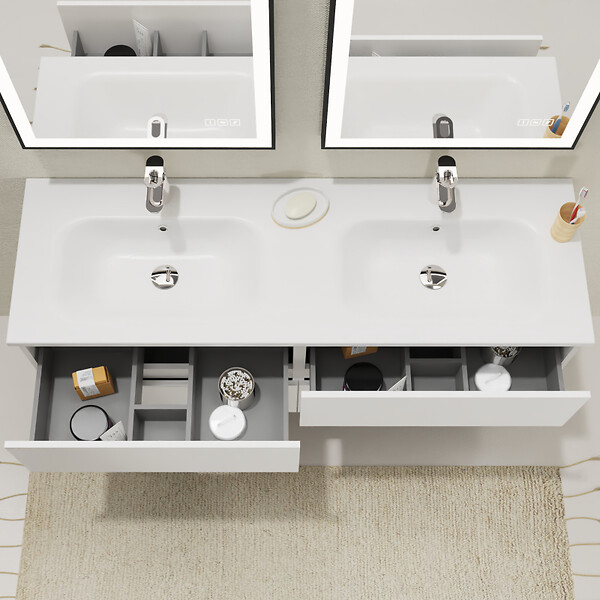GODART - Meuble salle de bain 140 cm - Double vasque Solid surface - Blanc mat - A suspendre - Karaib 2 - large