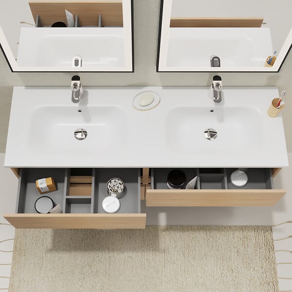 GODART - Meuble salle de bain 140 cm - Double vasque Solid surface - Effet chêne sonoma - A suspendre - Karaib 2 - large