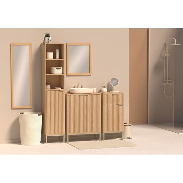 5 FIVE SIMPLY SMART - Meuble Colonne de rangement 1 porte 2 étagères 3 niches H 168 cm - Naturel - large