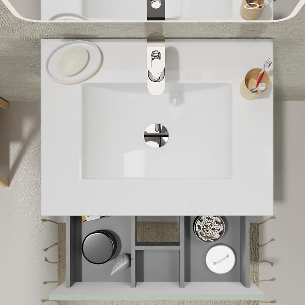 GODART - Meuble salle de bain 60 cm - Plan vasque céramique - Vert mat - A suspendre - Karaib 2 - large