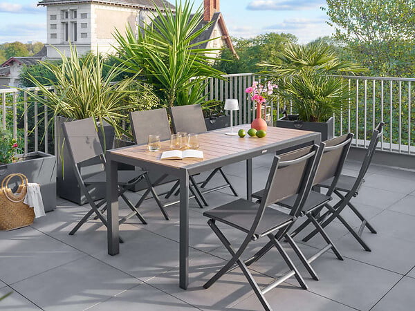 HESPERIDE - Table de jardin rectangulaire alu Evasion 6 places effet bois honey et graphite - Hespéride - large