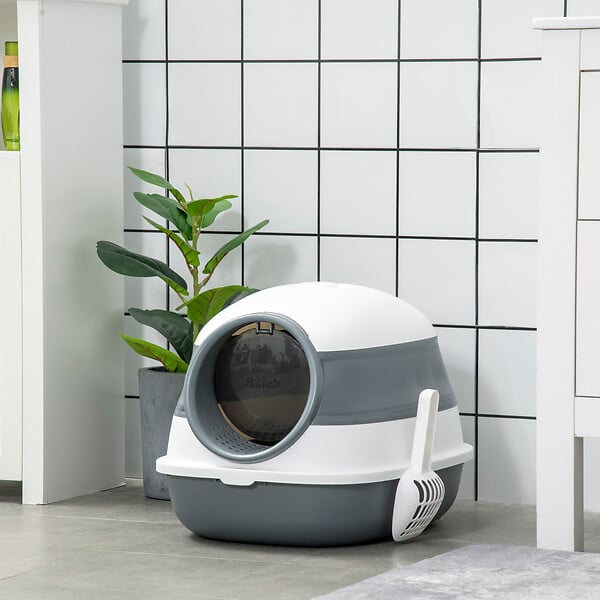 PAWHUT - Maison de toilette pliable - bac à litière chat avec porte battante, pelle et filtre inclus - ABS PP blanc gris - large