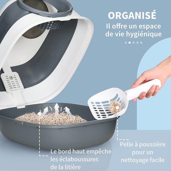 PAWHUT - Maison de toilette pliable - bac à litière chat avec porte battante, pelle et filtre inclus - ABS PP blanc gris - large