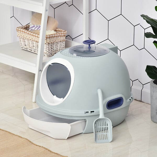 PAWHUT - Maison de toilette portable pour chat tiroir à litière coulissant porte battante lucarne + pelle fournis dim. 47L x 55l x 44H cm bleu - large