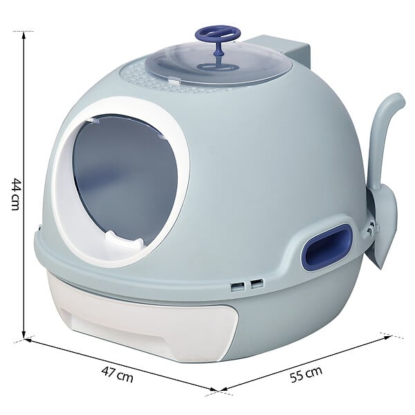 PAWHUT - Maison de toilette portable pour chat tiroir à litière coulissant porte battante lucarne + pelle fournis dim. 47L x 55l x 44H cm bleu - large