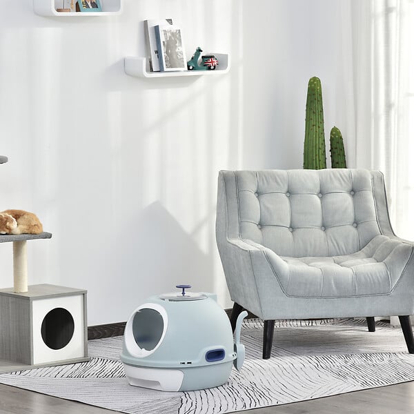 PAWHUT - Maison de toilette portable pour chat tiroir à litière coulissant porte battante lucarne + pelle fournis dim. 47L x 55l x 44H cm bleu - large