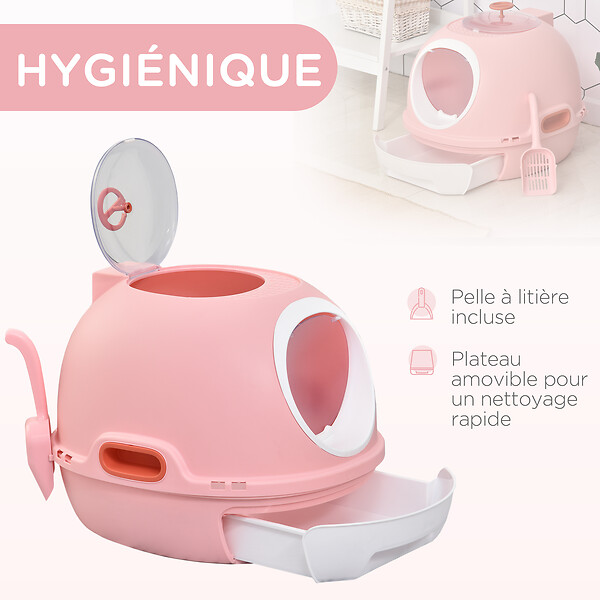 PAWHUT - Maison de toilette portable pour chat tiroir à litière coulissant porte battante lucarne + pelle fournis dim. 47L x 55l x 44H cm rose - large