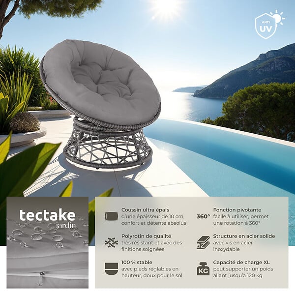 TECTAKE - Fauteuil papasan en rotin Gargano rotatif gris - large