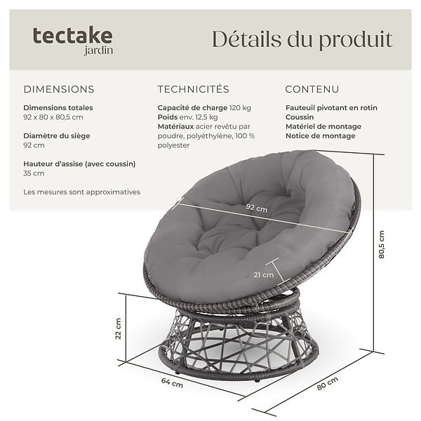 TECTAKE - Fauteuil papasan en rotin Gargano rotatif gris - large