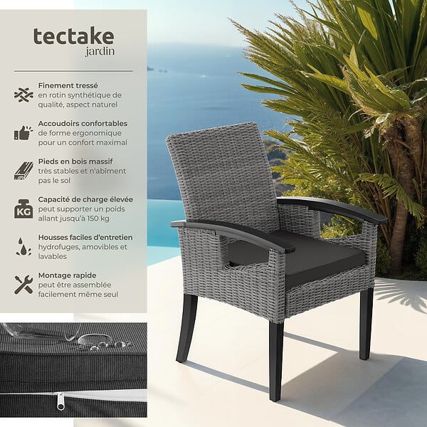 TECTAKE - Chaise en rotin Rosarno gris - large