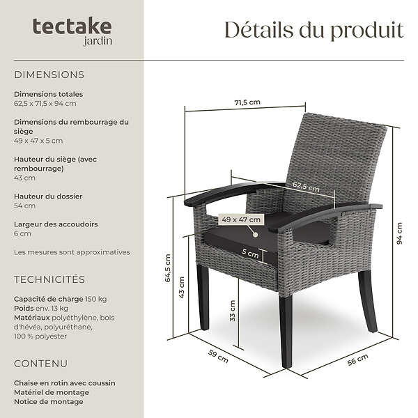 TECTAKE - Chaise en rotin Rosarno gris - large