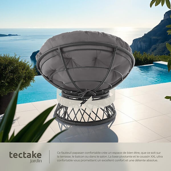TECTAKE - Fauteuil papasan en rotin Gargano rotatif noir - large