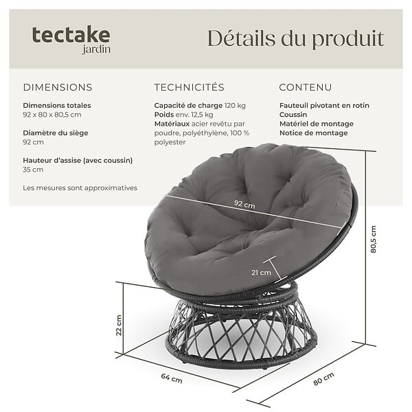 TECTAKE - Fauteuil papasan en rotin Gargano rotatif noir - large