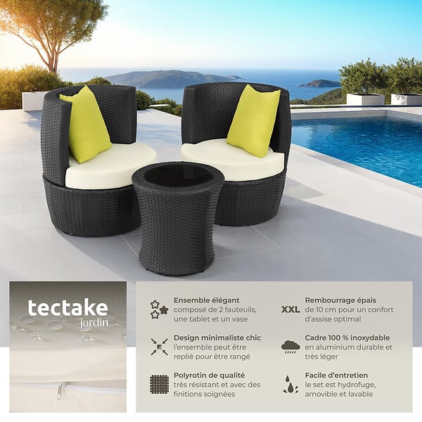 TECTAKE - Ensemble de salon en rotin et aluminium Nice 2+1+1 noir - large
