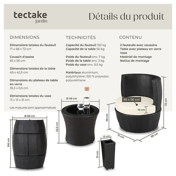 TECTAKE - Ensemble de salon en rotin et aluminium Nice 2+1+1 noir - large