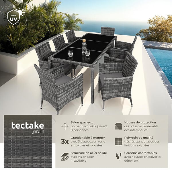 TECTAKE - Salon de jardin 8 places avec housse de protection gris tacheté/gris - large