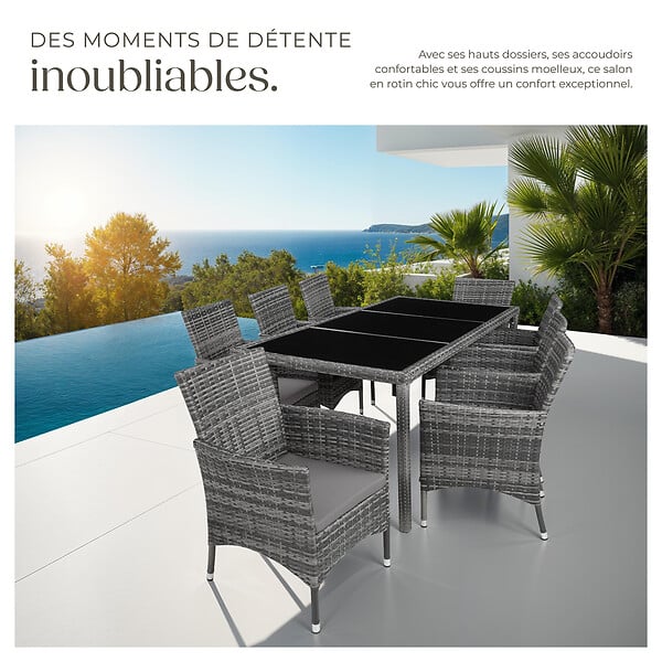 TECTAKE - Salon de jardin 8 places avec housse de protection gris tacheté/gris - large