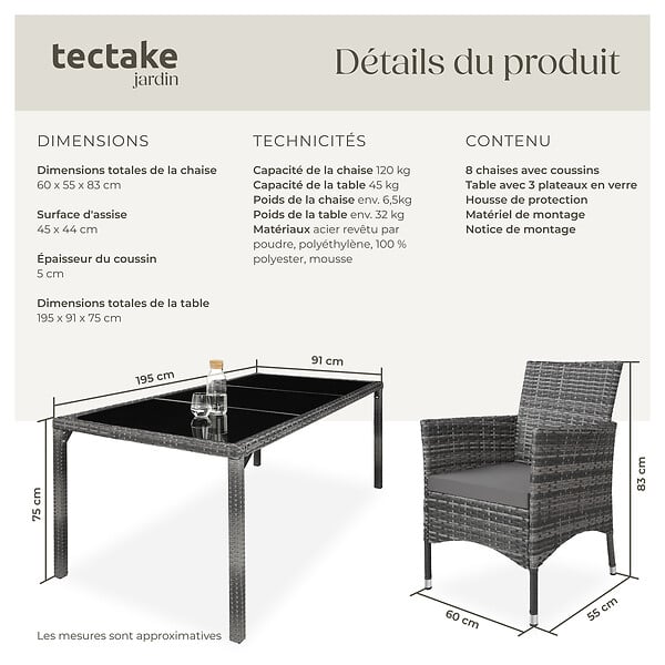 TECTAKE - Salon de jardin 8 places avec housse de protection gris tacheté/gris - large