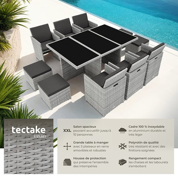 TECTAKE - Salon de jardin 10 places gris clair encastrable housses hydrofuge salon extérieur - large
