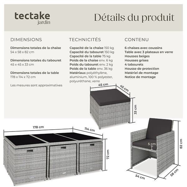 TECTAKE - Salon de jardin 10 places gris clair encastrable housses hydrofuge salon extérieur - large