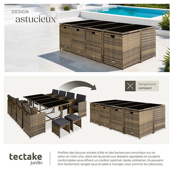 TECTAKE - Salon de jardin PALMA 12 places avec housse de protection, variante 2 marron naturel/gris foncé - large