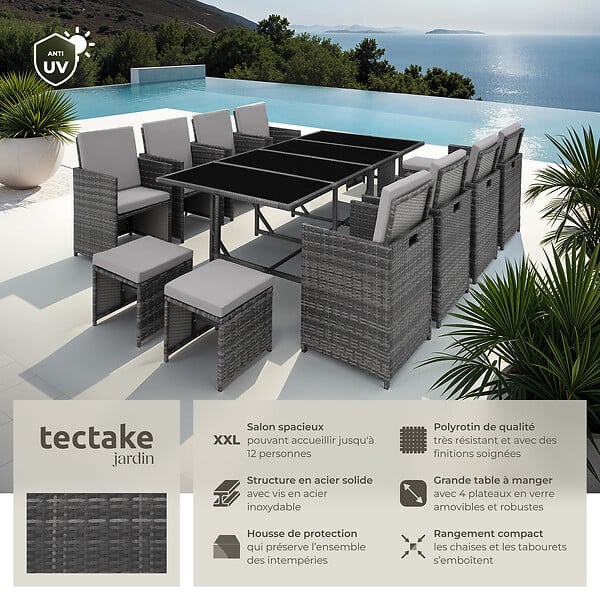 TECTAKE - Salon de jardin PALMA 12 places avec housse de protection, variante 2 gris/gris clair - large