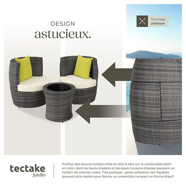 TECTAKE - Ensemble de salon en rotin et aluminium Nice 2+1+1 gris - large