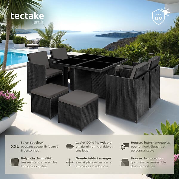 TECTAKE - Salon de jardin MANHATTAN 8 places avec 2 sets de housses + housse de protection, variante 2 noir - large