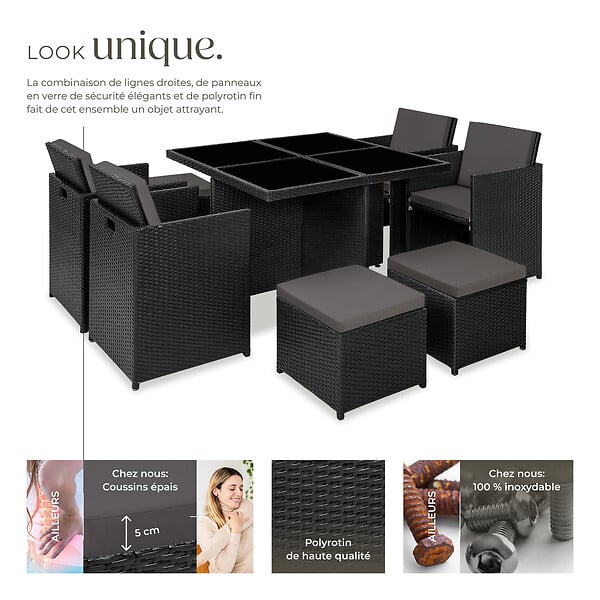 TECTAKE - Salon de jardin MANHATTAN 8 places avec 2 sets de housses + housse de protection, variante 2 noir - large