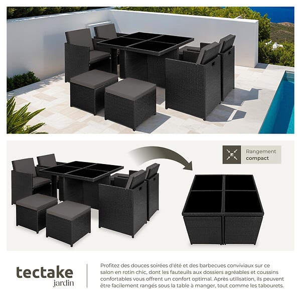 TECTAKE - Salon de jardin MANHATTAN 8 places avec 2 sets de housses + housse de protection, variante 2 noir - large