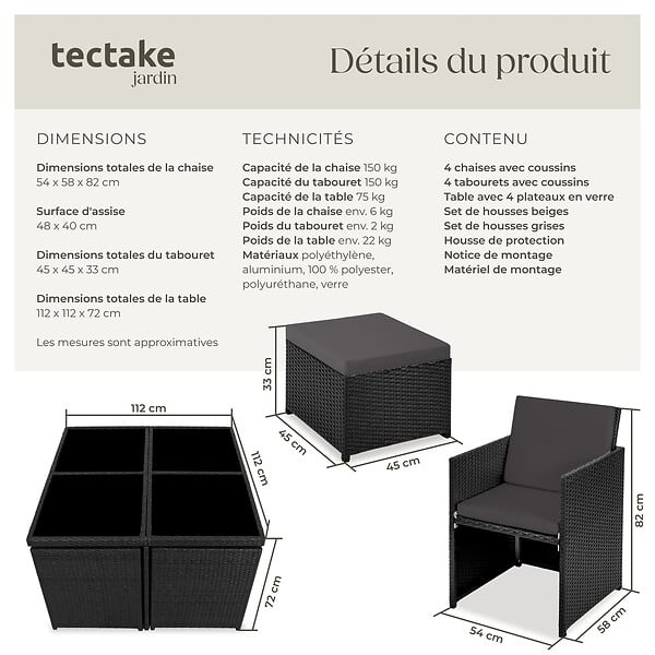 TECTAKE - Salon de jardin MANHATTAN 8 places avec 2 sets de housses + housse de protection, variante 2 noir - large