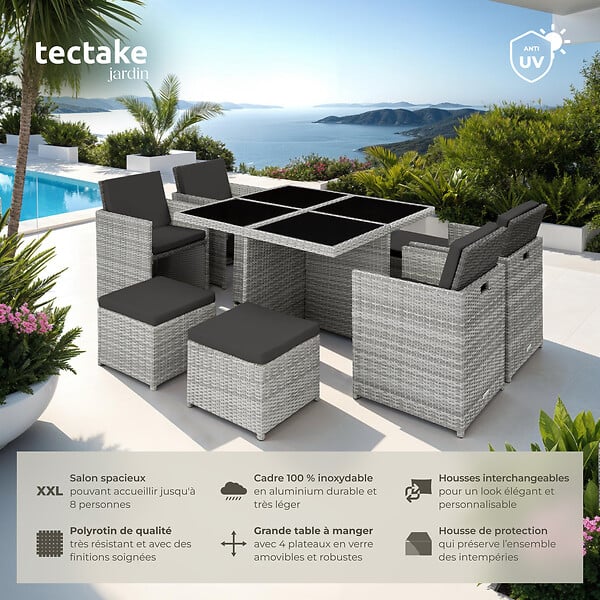TECTAKE - Salon de jardin MANHATTAN 8 places avec 2 sets de housses + housse de protection, variante 2 gris clair - large
