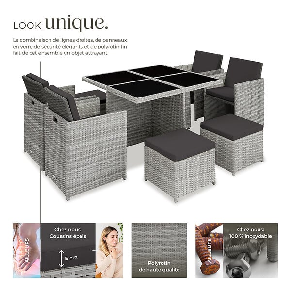 TECTAKE - Salon de jardin MANHATTAN 8 places avec 2 sets de housses + housse de protection, variante 2 gris clair - large