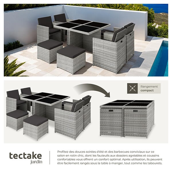 TECTAKE - Salon de jardin MANHATTAN 8 places avec 2 sets de housses + housse de protection, variante 2 gris clair - large