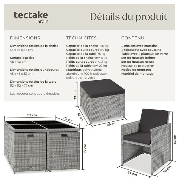 TECTAKE - Salon de jardin MANHATTAN 8 places avec 2 sets de housses + housse de protection, variante 2 gris clair - large