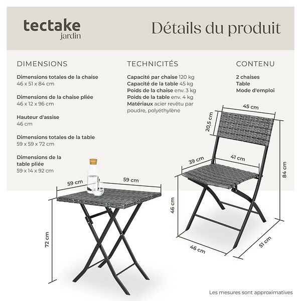TECTAKE - Salon de jardin TREVI 2 personnes gris - large
