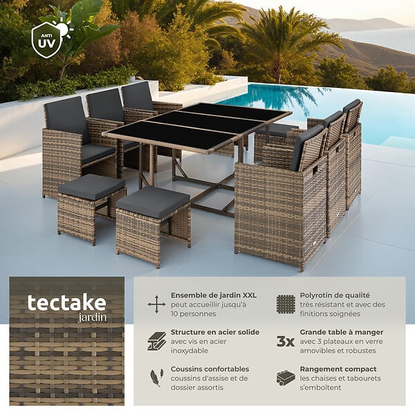 TECTAKE - Salon de jardin résine tressée 10 places housse protection couleur naturelle confort - large