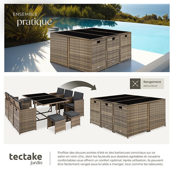 TECTAKE - Salon de jardin résine tressée 10 places housse protection couleur naturelle confort - large