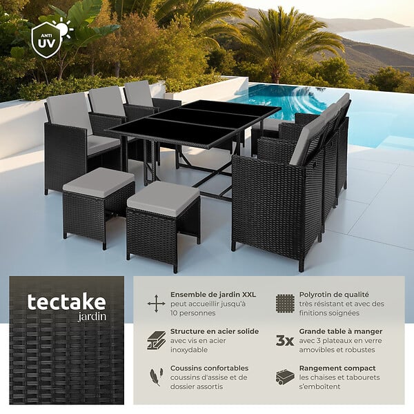 TECTAKE - Salon de jardin MALAGA 10 places avec housse de protection noir/gris - large