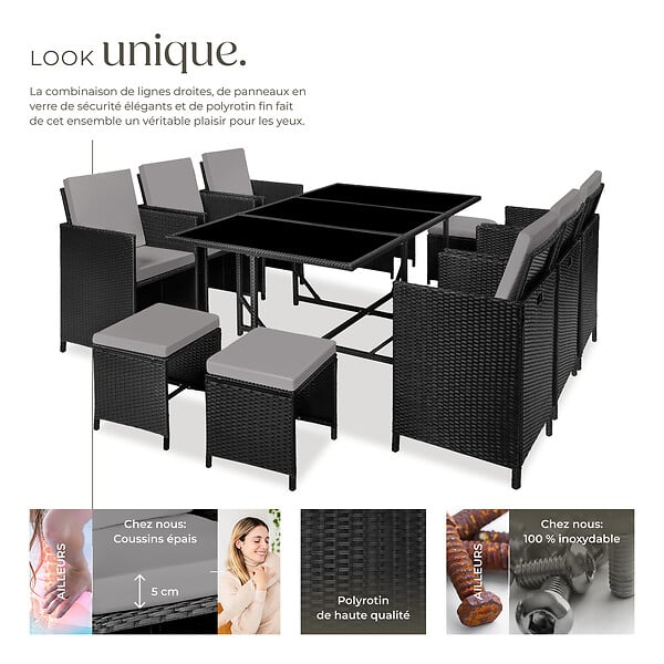 TECTAKE - Salon de jardin MALAGA 10 places avec housse de protection noir/gris - large
