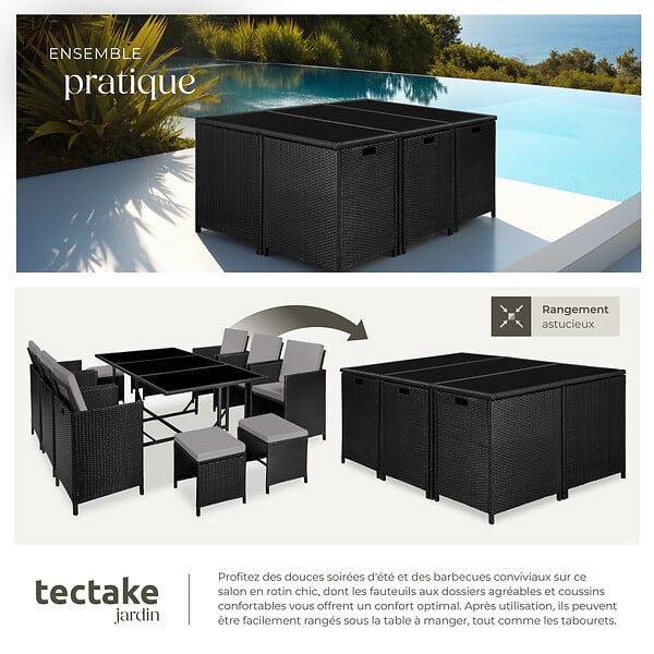 TECTAKE - Salon de jardin MALAGA 10 places avec housse de protection noir/gris - large
