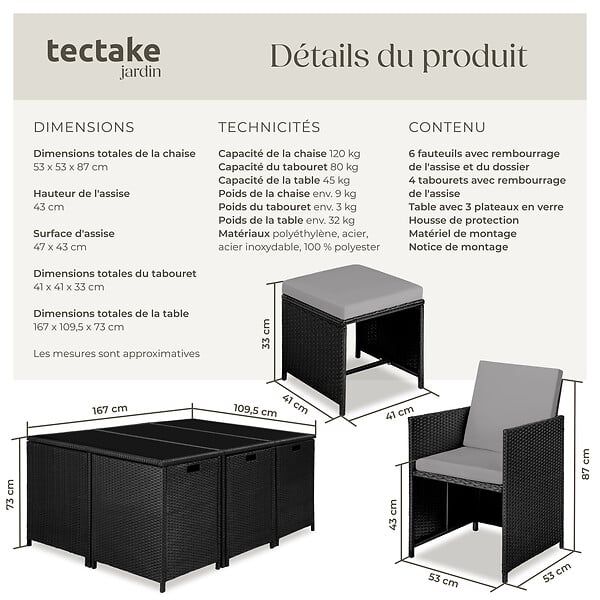 TECTAKE - Salon de jardin MALAGA 10 places avec housse de protection noir/gris - large