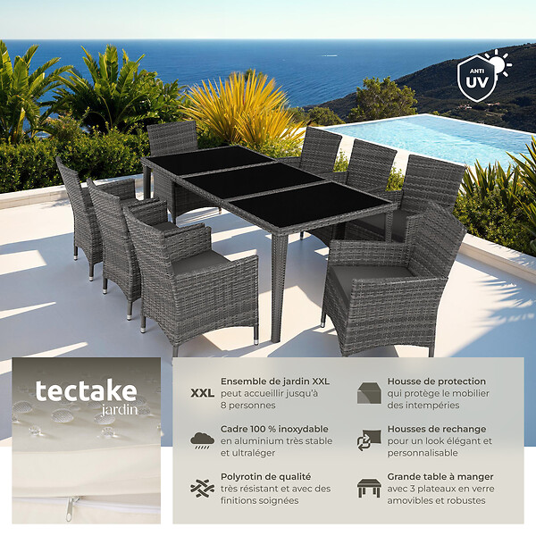 TECTAKE - Salon de jardin Menorca 8 places avec 2 sets de housses + housse de protection gris - large