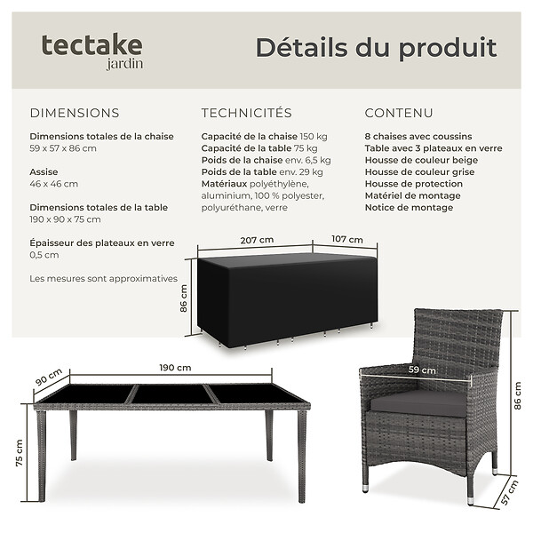 TECTAKE - Salon de jardin Menorca 8 places avec 2 sets de housses + housse de protection gris - large