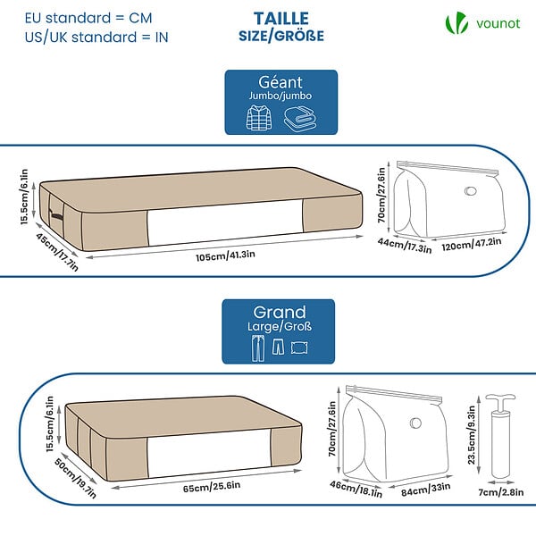 VOUNOT - Lot de 5 Housses de rangement sous vide sous lit - large
