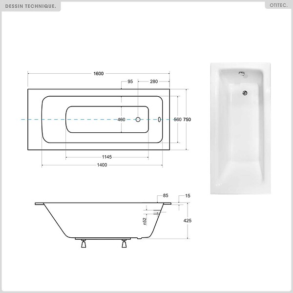 BESCO - Baignoire rectangulaire - 160 x 75 cm - avec Habillage Polystyrène - Pieds - Vidage Chrome - TALIA SLIM - large