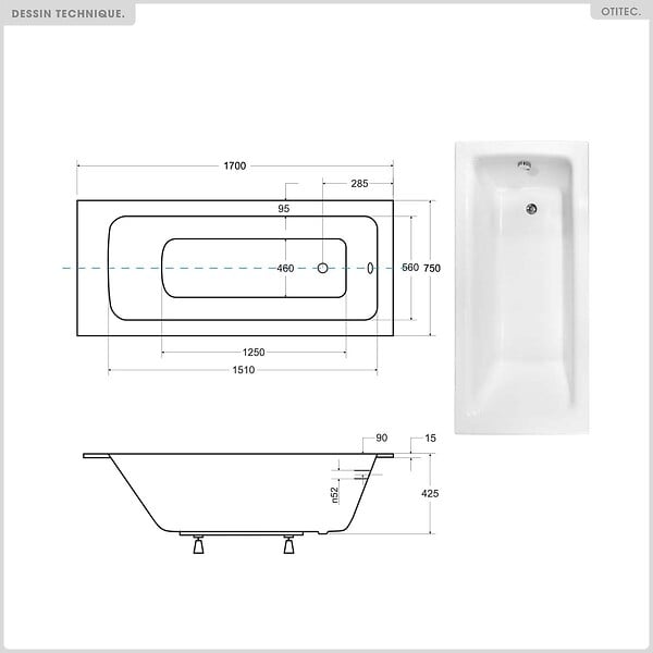 BESCO - Baignoire rectangulaire - 170 x 75 cm - sans Habillage - avec Pieds - Vidage Chrome - TALIA SLIM - large