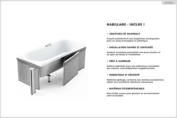 BESCO - Baignoire rectangulaire - 180 x 80 cm - avec Habillage - Pieds - Vidage Chrome - VITAE - large
