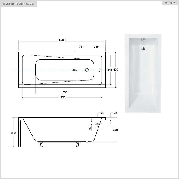 BESCO - Baignoire rectangulaire - 160 x 70 cm - avec Habillage (4 cm) - Pieds - Vidage Chrome - MODERN SLIM - large